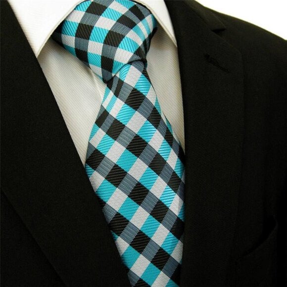 Aqua Blue Silver Gray Black Stripe Check Plaid Design 100% SILK TIE Jacquard Wov - Picture 1 of 7